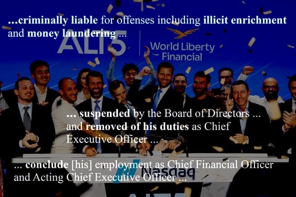 A photo of Eric and Donald Trump Jr., other World Liberty Financial executives, and employees of Alt5 Sigma ringing the opening bell at the Nasdaq, superimposed with quotes from SEC filings