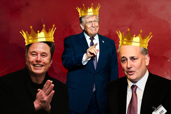A collage of Elon Musk, Donald Trump, and David Sacks, all wearing gold crowns