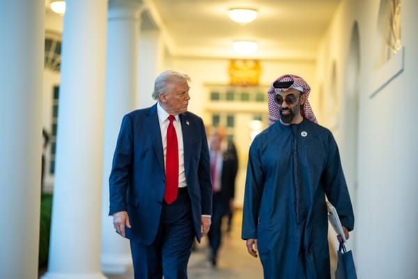 President Trump walks with Sheikh Tahnoon bin Zayed Al Nahyan at the White House in March 2025