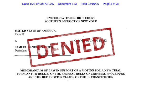 Bankman-Fried’s motion for a new trial, overlaid with a red “denied” stamp