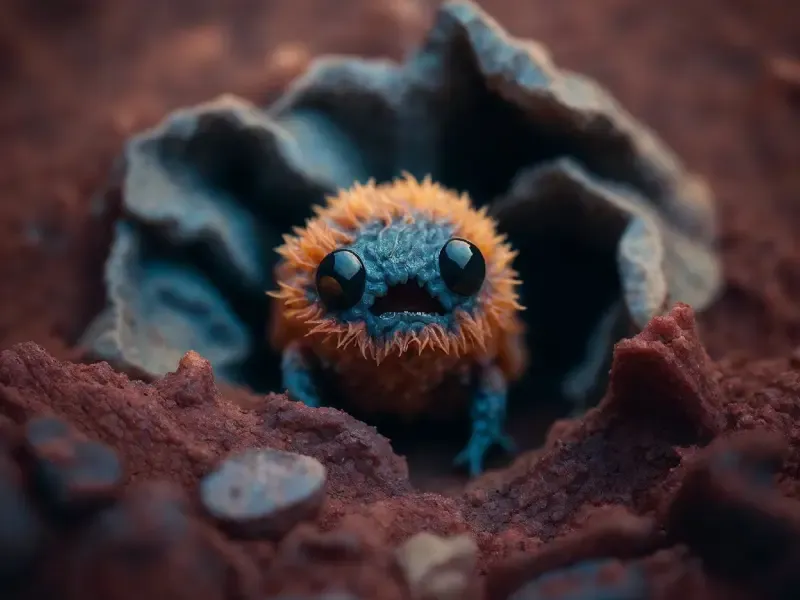 A small fake critter with orange bristles, grey-blue skin, and large black eyes, with its mouth agape