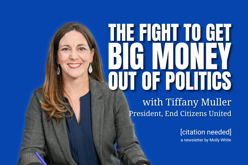 A photo of Tiffany Muller on a blue background, with the title “The fight to get big money out of politics with Tiffany Muller, President, End Citizens United”